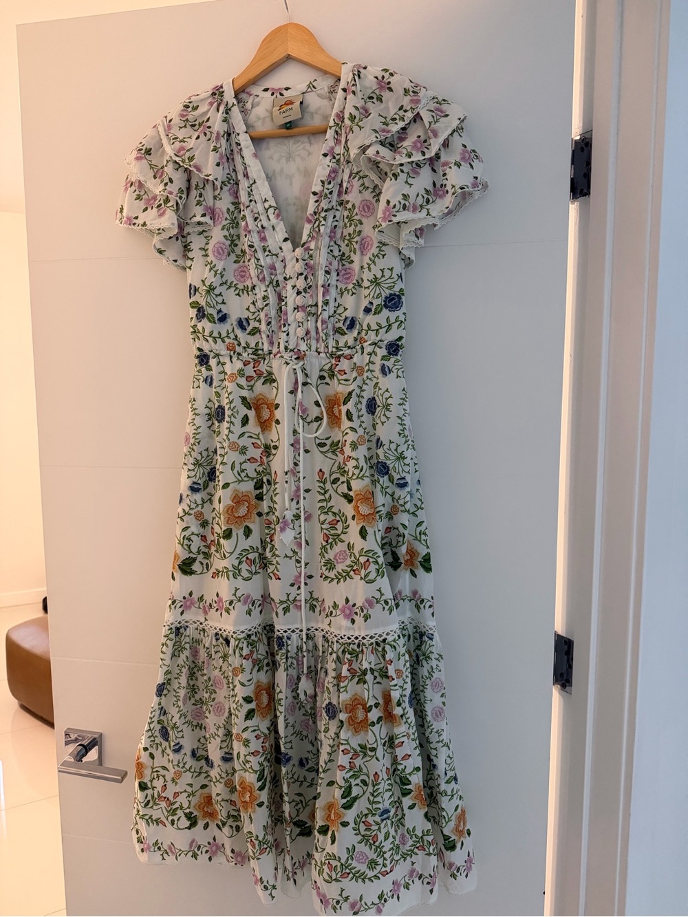 Farm Rio Floral Tiered V-Neck Midi Dress - White with Multicolor Floral Print
